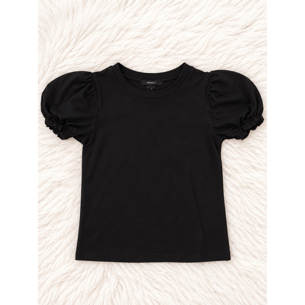 Forever 21 Black Puff Sleeve Top Women's Small Short Sleeve Crew Neck